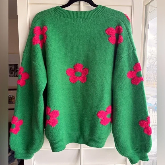 BiBi Green Sweater with Pink Floral Design - Picture 6 of 9